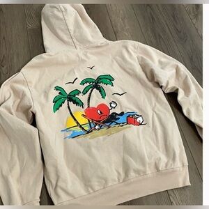 Beige Graphic Hoodie with Tropical Heart Back Print